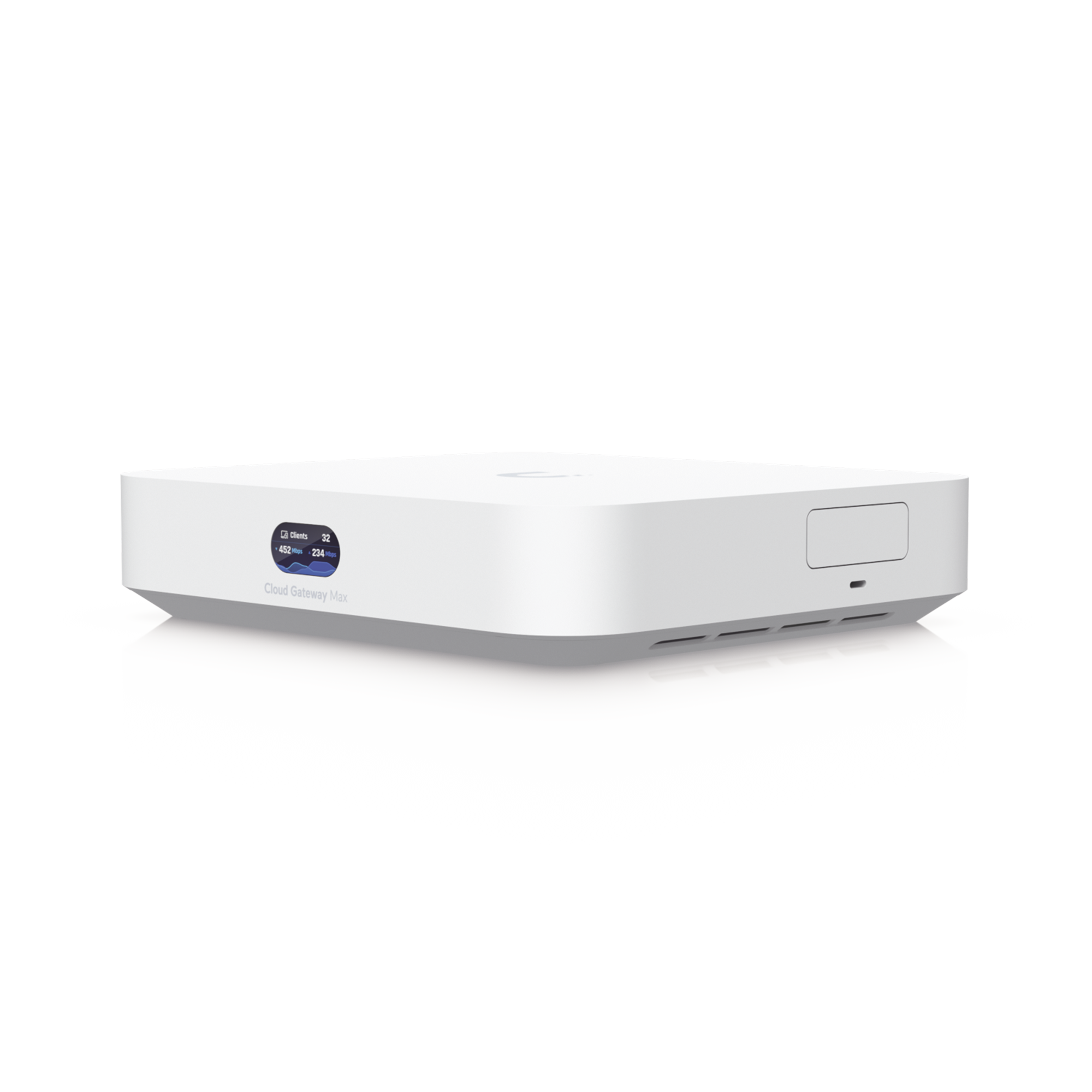 UniFi Cloud Gateway MAX, Router con todos los servicios UniFi, administra hasta 30 dispositivos UniFi y 300 clientes. 1 pto WAN 2.5G, 4 pts LAN 1G (uno configurable como WAN), seguridad IDS/IPS, VPN, bloqueo de apps/URLs, 512 GB memoria interna