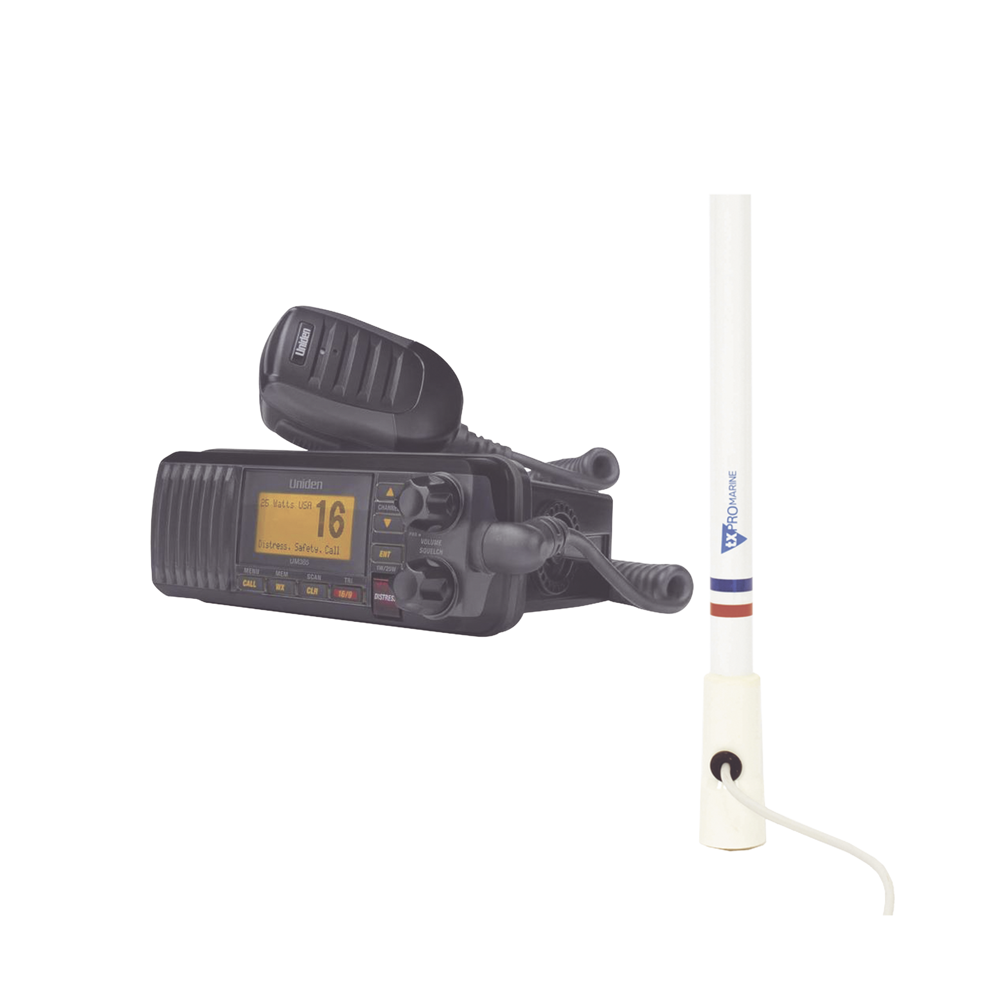 Kit de radio UM385BK | mas antena marina de fibra de vidrio TX-5206-SYS y soporte para antena 4186