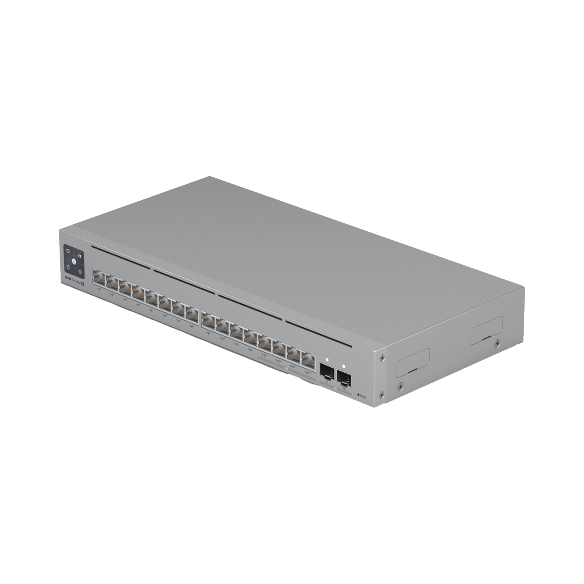 UniFi Switch Pro Max 16 PoE con funciones Capa 3, 16 puertos EtherLight RGB / (4) puertos 2.5 GbE POE++ y (12) puertos GbE POE+ /(2) puertos SFP+ 10G /con pantalla táctil informativa, hasta 180W de presupuesto POE