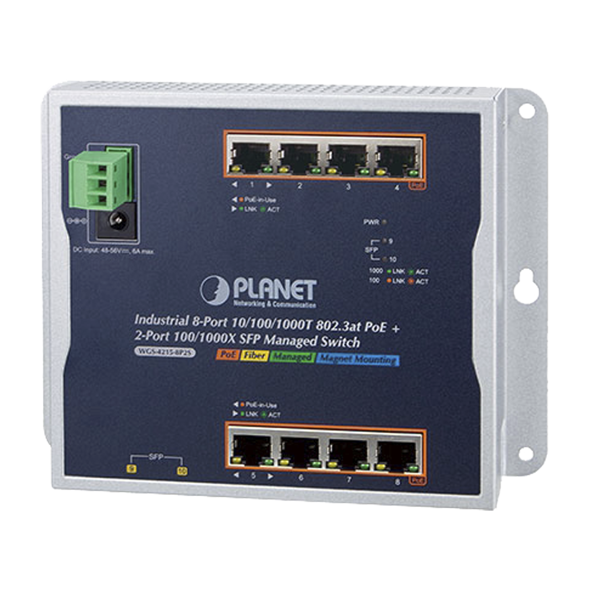 Switch Industrial PoE Administrable de Pared Capa 2, 8 Puertos Gigabit PoE 802.3at y 2 Puertos 100/1000X SFP