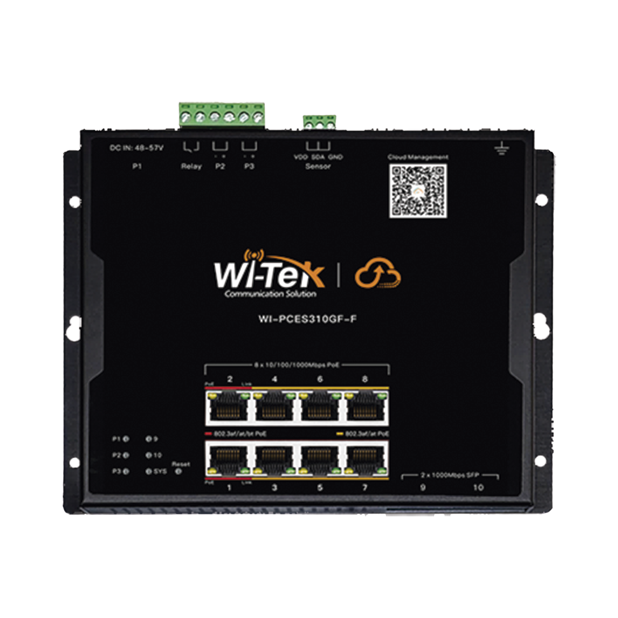 Switch L2 PoE Industrial / Administración Cloud Gratuita / 8 Puertos PoE af/at/bt 10/100/1000 Mbps / 2 Puertos SFP Gigabit / Máx Presupuesto PoE 145 W / Montaje Magnético - Riel DIN.