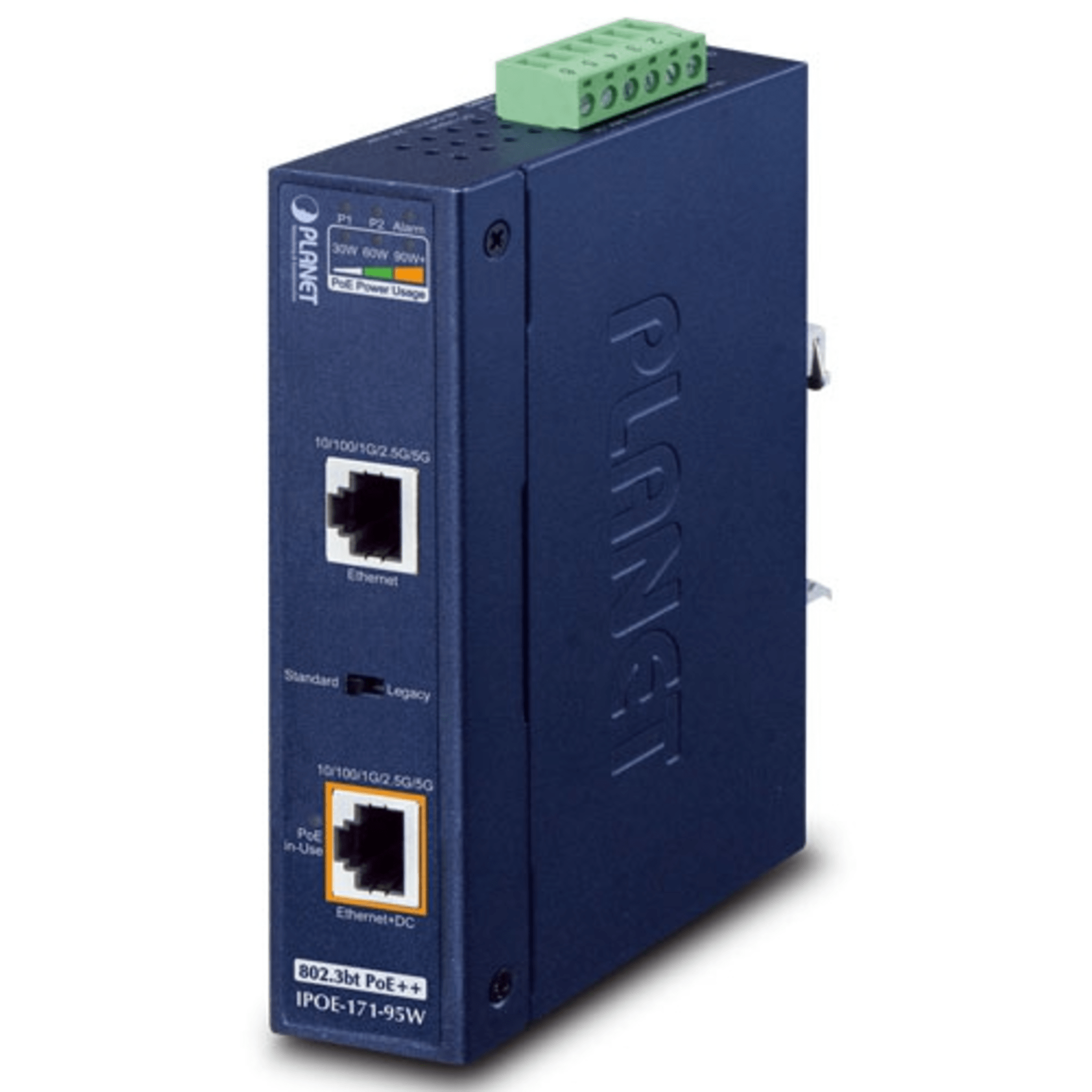 Inyector Industrial, Multi-Gigabit 802.3bt PoE++ / 95W / 2 Puertos RJ45 / 10M/100M/1G/2.5G/5Gbps / IP30 / -40 a 75°C / Montaje en Riel DIN o Pared
