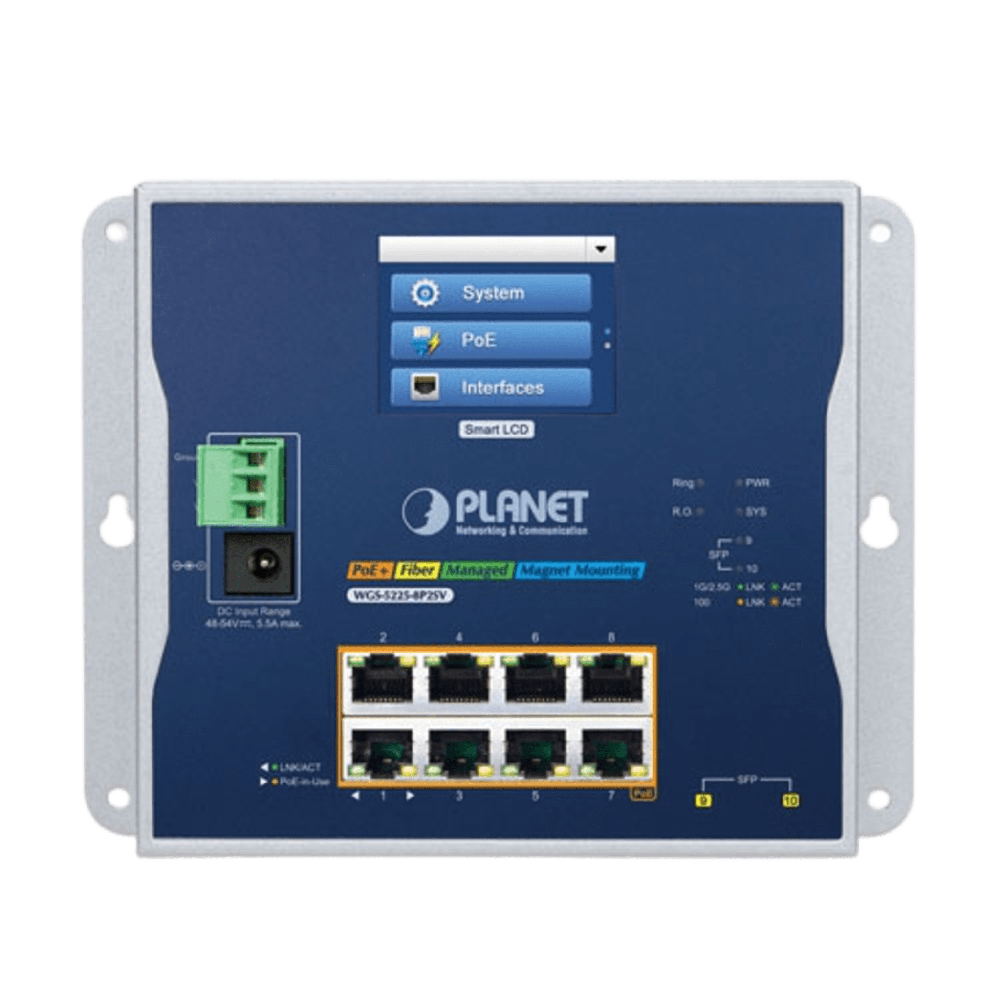 Switch Industrial Flat-Type 8 Puertos Gigabit C/PoE 802.3at, 2 Puertos SFP, LCD