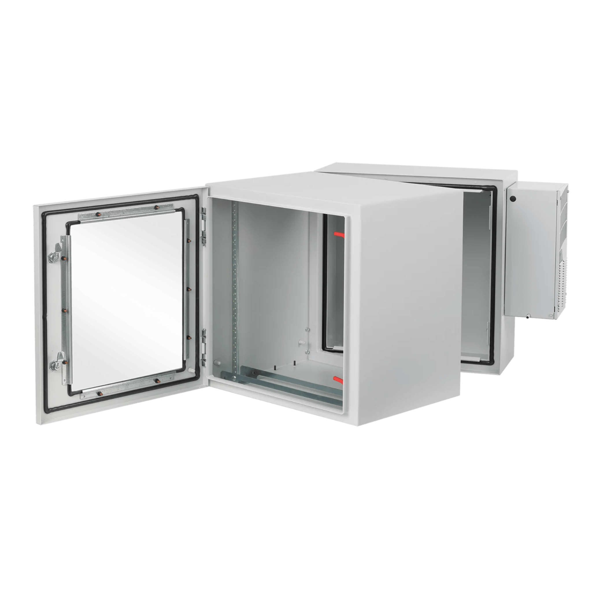Gabinete Industrial ProTek de Puerta con Ventana, Con Aire Acondicionado de 800 BTU, Protección NEMA Tipo 4/12; IP66; IK10, Abatible, Fabricado en Acero, 19 UR, Color Gris Claro