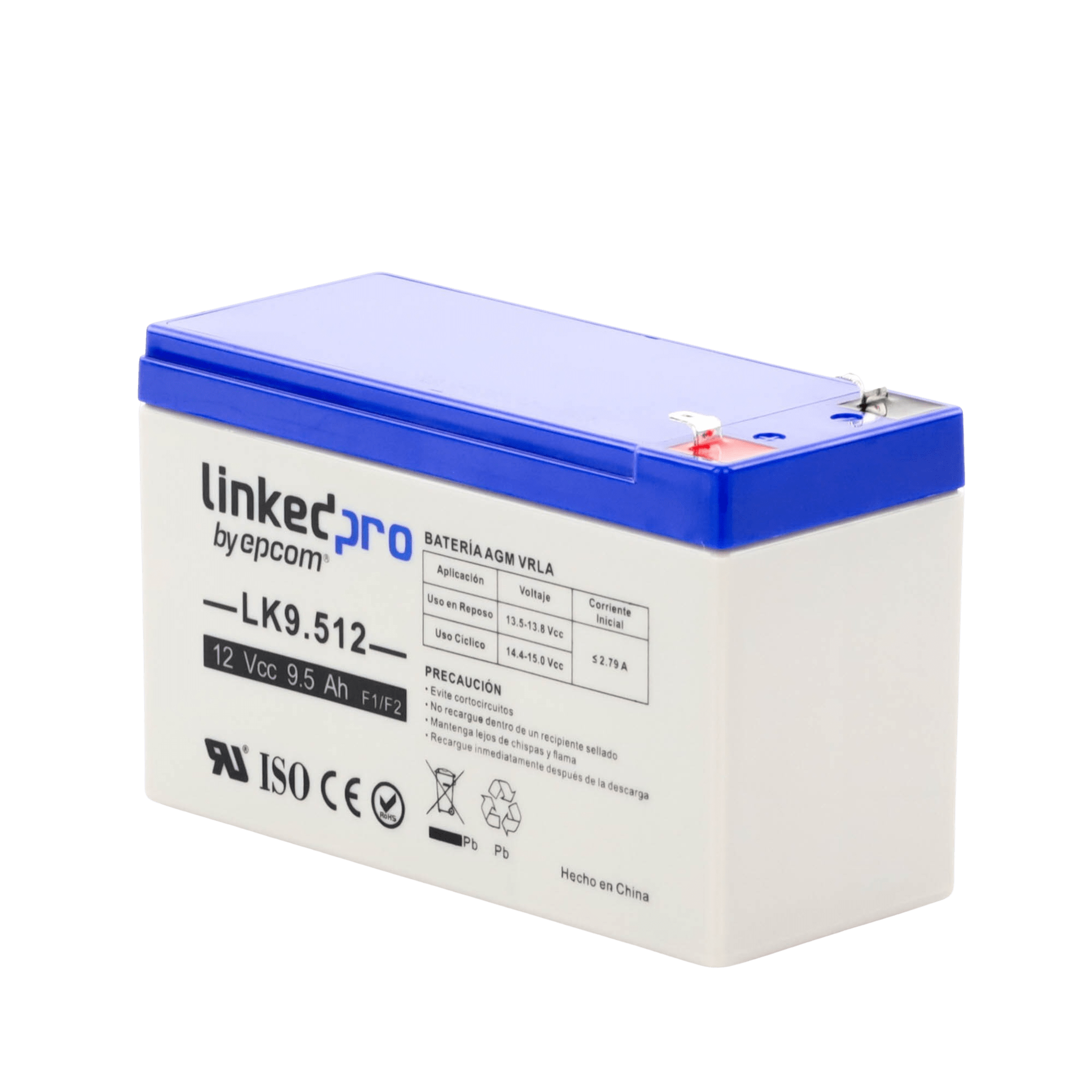 Batería 12 V / 9.5 Ah / UL / Tecnología AGM / Vida útil promedio 5 años / Para uso en equipo electrónico, Alarmas de Intrusión / Incendio/ Control de acceso / Video Vigilancia / Terminales F1 ( Incluye adaptador F