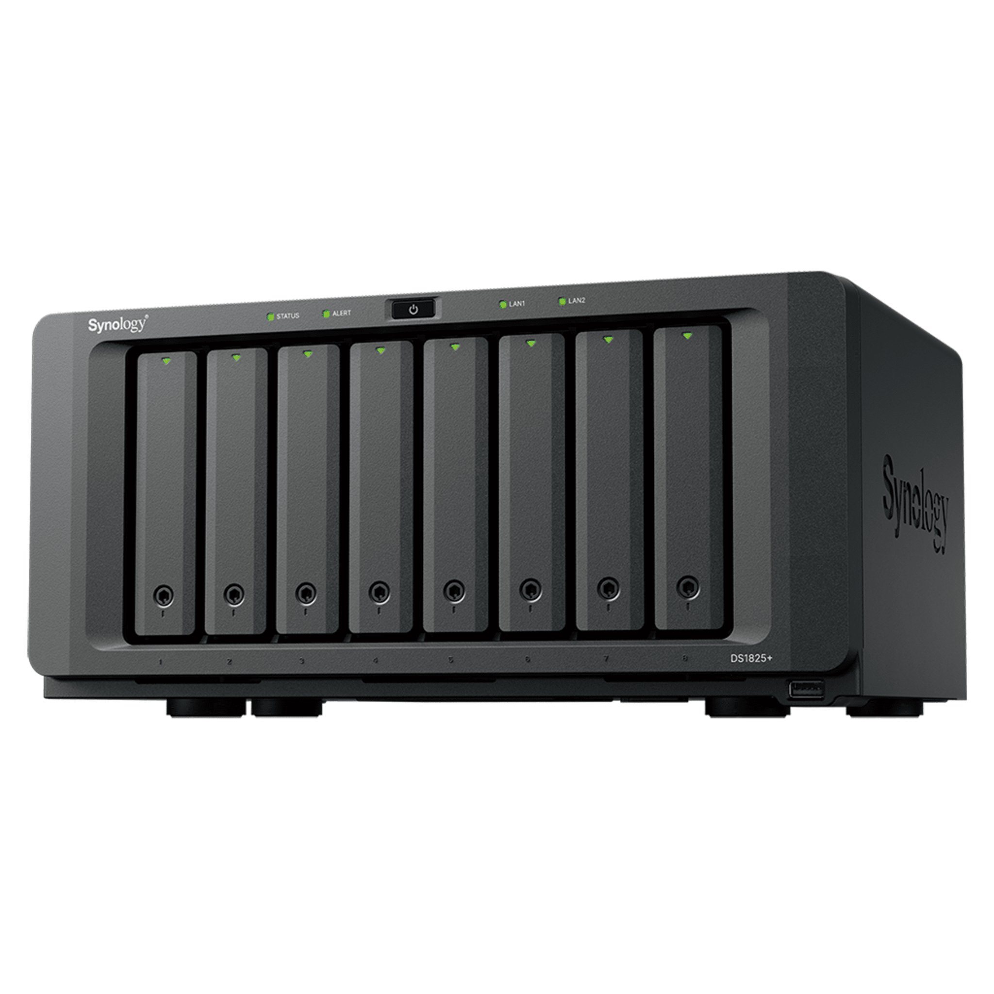NAS DiskStation DS1825+ | 8 Bahías | AMD Ryzen V1500B | 8 GB DDR4 ECC | Hasta 2,239 MB/s Lectura | 2 Puertos 2.5GbE | Expansión PCIe 3.0 | Compatible con 10GbE y 25GbE | Caché SSD M.2 | Synology DSM.