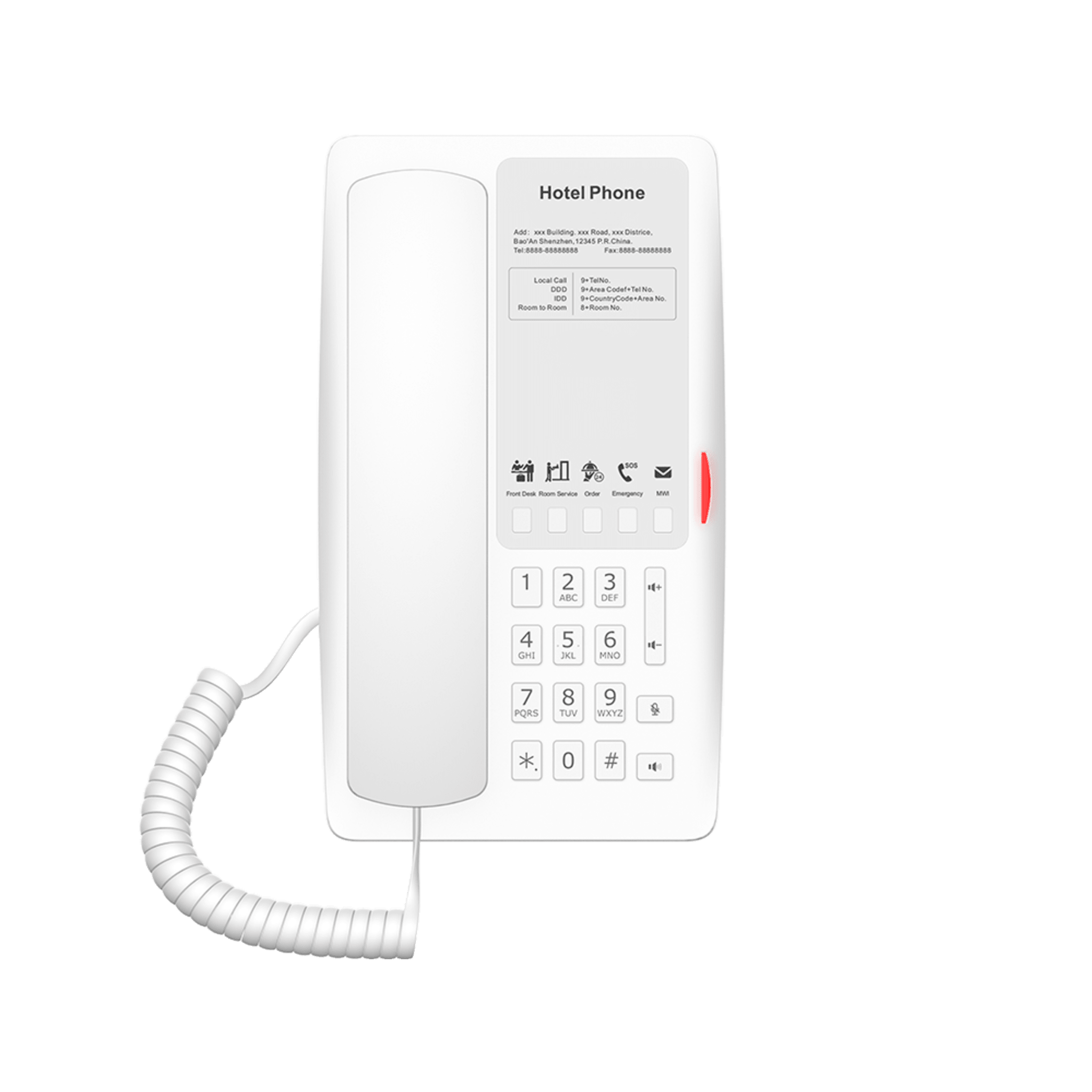 Teléfono IP para Hotelería, Puerto USB-A para Carga, 5 Teclas Programables para Servicio Rápido (Hotline), Plantilla Personalizable con PoE