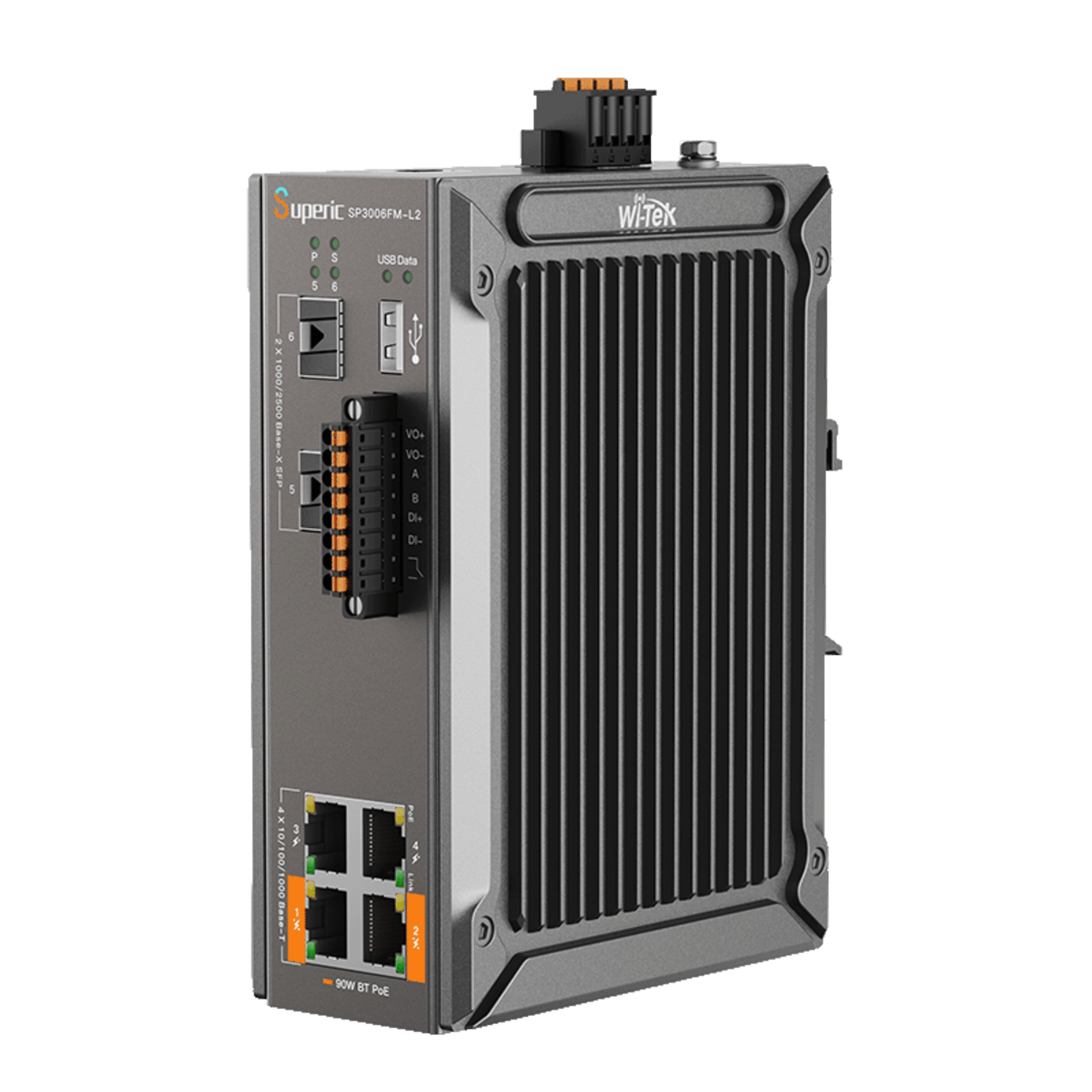 Switch Industrial Administrable / Gigabit con 2 Puertos PoE bt / 2 Puertos PoE af/at / 2 SFP Gigabit / Soporta RS485 / Presuepuesto PoE 128W