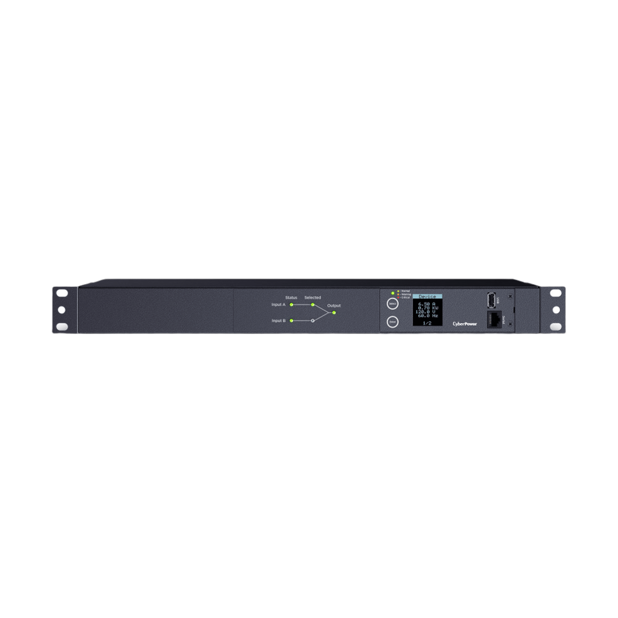 PDU ATS (Fuente Redundante Auto-transferible) Medible, Para Distribución de Energía, 2 Entradas 120 Vca NEMA5-15P, Con 10 Salidas NEMA 5-15R, Horizontal 19in, 1UR